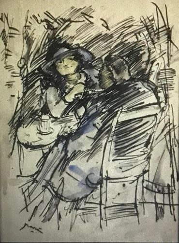 Ink and Watercolor, Cafe Scene, by Jules Pascin