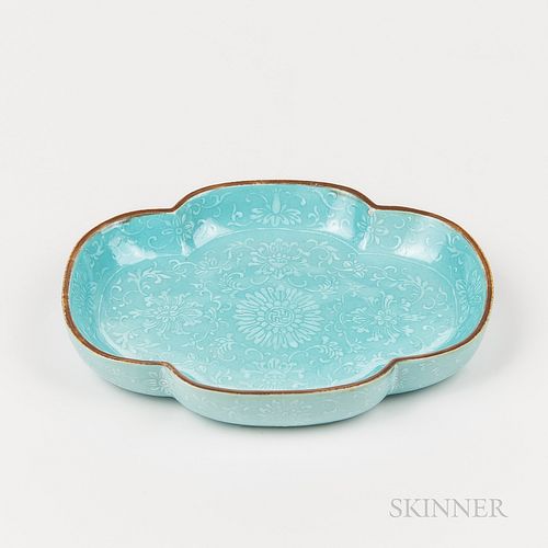 Turquoise Blue-glazed Dish with White Slip Decoration