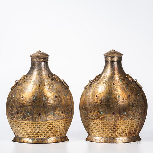 Pair of Archaic-style Gilt-metal Ritual Jars and Covers