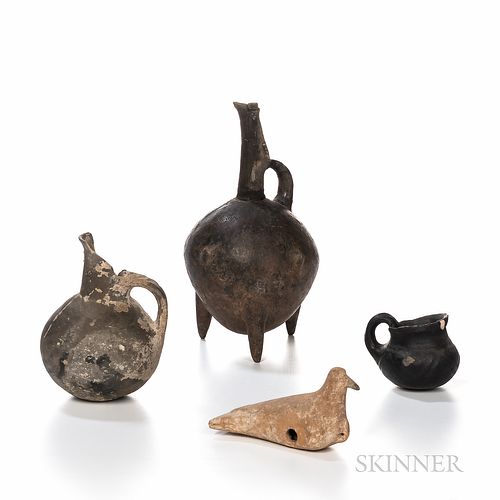 Three Early Pottery Pitchers and a Bird