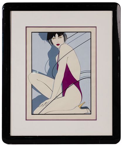 Patrick Nagel (American, 1945-1984) 'Girl with Headphones' Acrylic on Paper