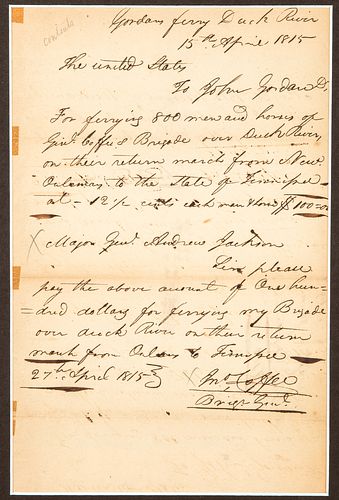 War of 1812 signed Tennessee ferry receipt