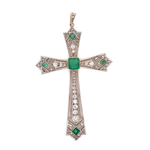 1920s Platinum Gold Diamond & Emerald Cross