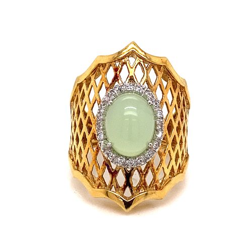 18k Green Prehnite Cabochon Diamond Ring