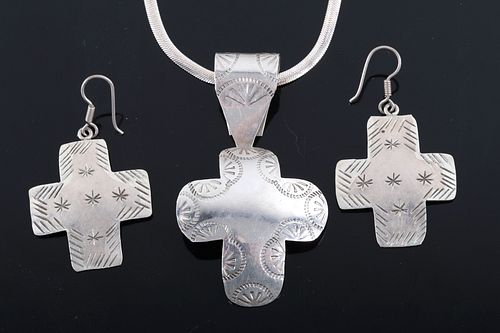 Mexico Sterling Silver Cross Necklace & Earrings