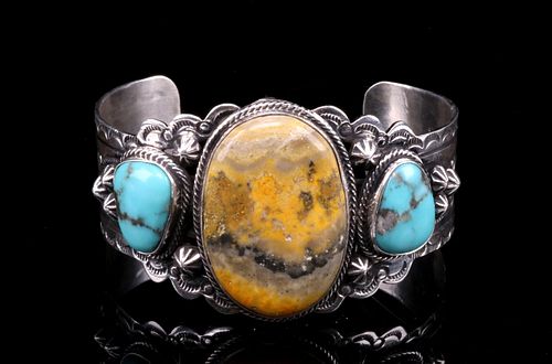 Navajo Silver Bumble Bee Jasper Turquoise Bracelet