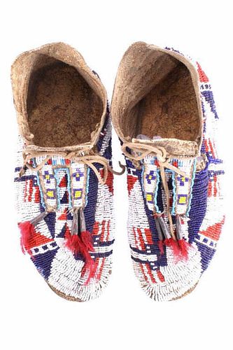 Sioux Flag Beaded Bifurcated Moccasins 19th C.