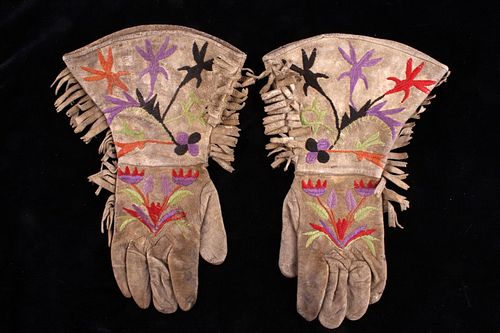 Eastern Sioux Embroidered Hide Gauntlets c. 1900's