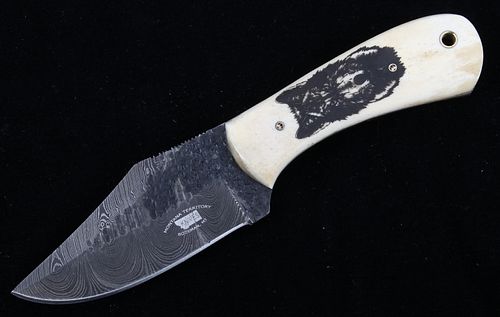 Montana Wolf Scrimshaw Damascus Knife Bozeman
