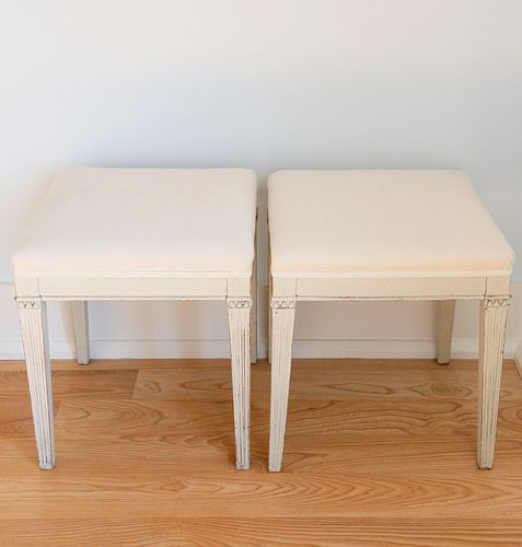 Pair of Antique Scandinavian White Washed Upholstered Stools