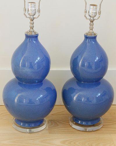 Pair of Cobalt Blue Ceramic Gourd Shaped Lamps