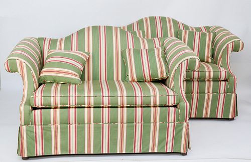 Pair of Candy Striped Upholstered Camelback Settees