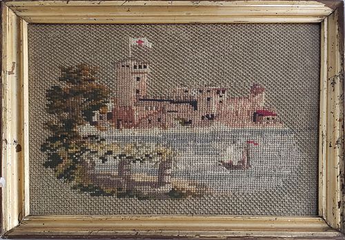 19th Century Needlework Embroidery, "Castle with Harbor"