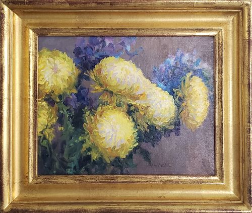 Pamela Pindell Oil on Canvas "Chrysanthemum Still Life", 20th Century