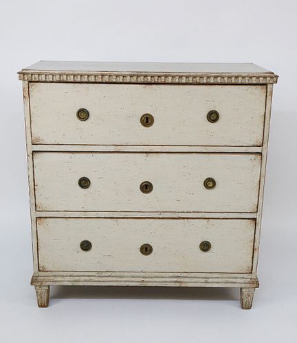 Swedish Gustavian Style Lime Washed Three Drawer Chest, 19th Century