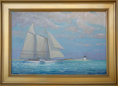 William Lowe Oil on Canvas "Brant Point Lighthouse Schooner"