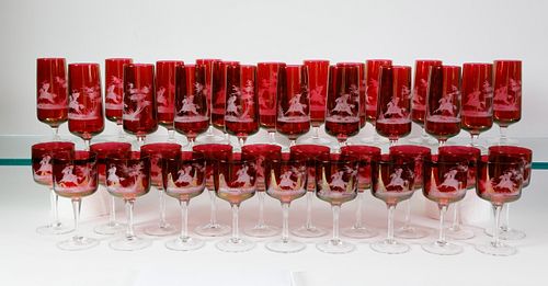 39 Bohemian Ruby Etched Glass Equestrian Wines and Flutes, 20th Century