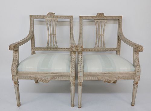 Pair of Swedish Gustavian Style Open Armchairs, 19th Century
