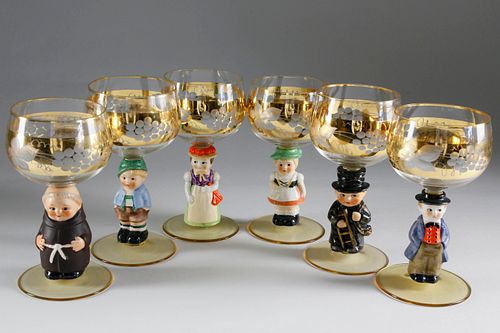 Set of 6 German Rhine Wine Figural Glasses, 20th Century