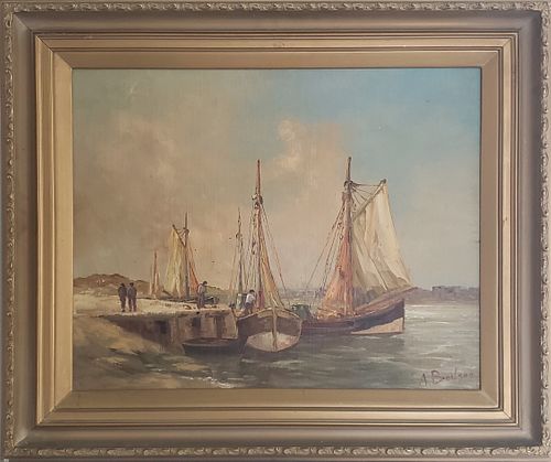 A. Bodson Oil on Board Painting, "European Harbor Scene"