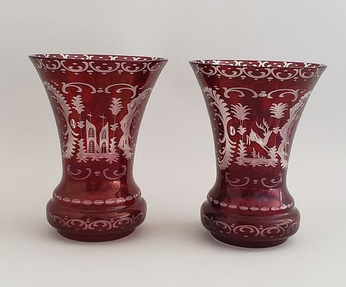 Pair of Bohemian Ruby Engraved Glass Vases