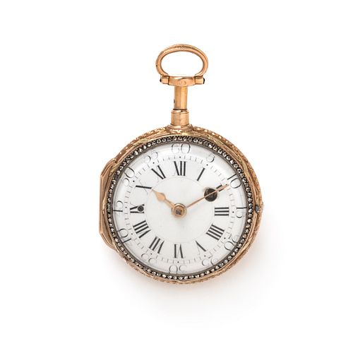 TRICOLOR GILT-METAL AND DIAMOND DUMB REPEATER OPEN FACE POCKET WATCH