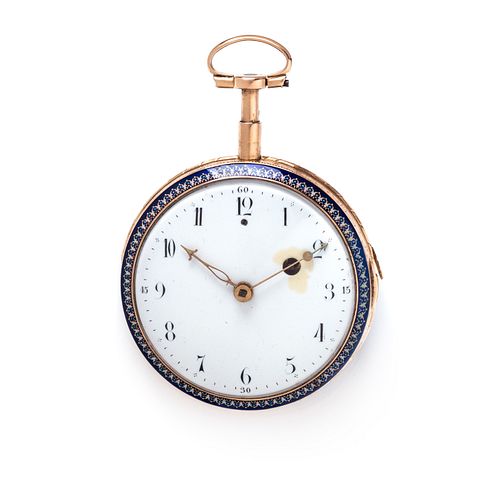 GILT-METAL AND ENAMEL QUARTER REPEATER OPEN FACE POCKET WATCH