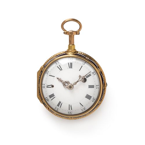 22K YELLOW GOLD, ENAMEL AND DIAMOND QUARTER REPEATER OPEN FACE POCKET WATCH