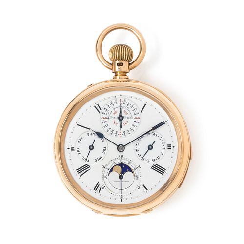 T. BOXELL, 18K YELLOW GOLD PERPETUAL CALENDAR, MOON PHASE, HALF QUARTER HOUR REPEATER OPEN FACE POCKET WATCH