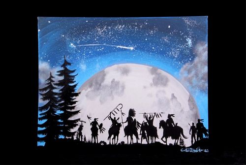 Native American Silhouette Moon & Stars Painting