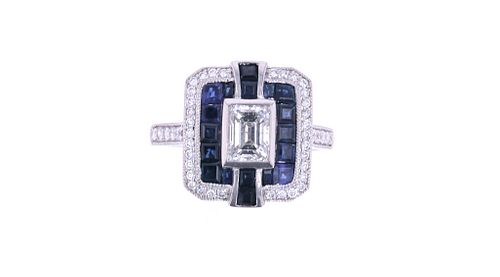 Art Deco Blue Sapphire & Diamond Platinum Ring