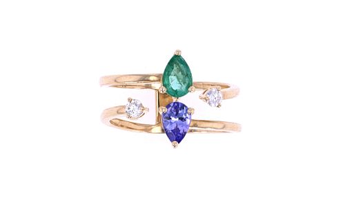 Emerald & Tanzanite Diamond 14k Gold Ring