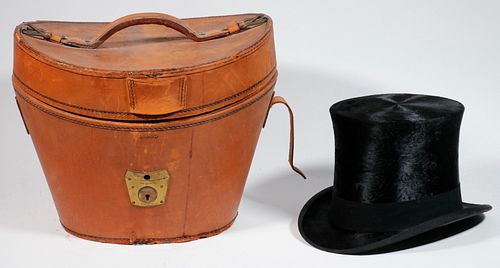 VICTORIAN LEATHER TOP HAT CASE WITH HAT