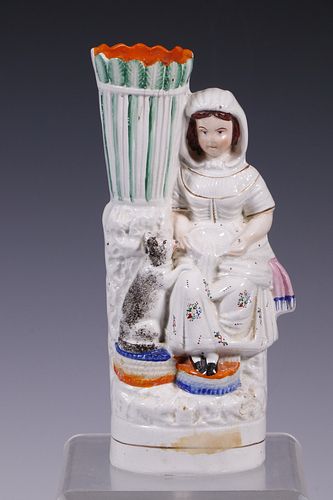 STAFFORDSHIRE GIRL AND CAT SPILL VASE