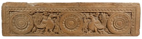 EARLY INDIAN CARVED ARCHITECTURAL PANEL WITH ROSETTES AND ROOSTERS