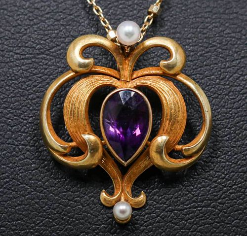 Art Nouveau 14k Gold, Faceted Amethyst & Seed Pearl