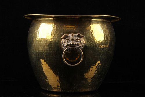 Brass Hong Kong Lion Embossed Hammered Spittoon