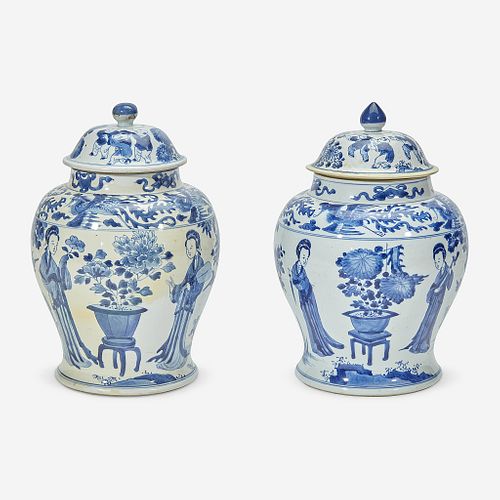 Two similar Chinese blue and white porcelain baluster jars and covers Kangxi period