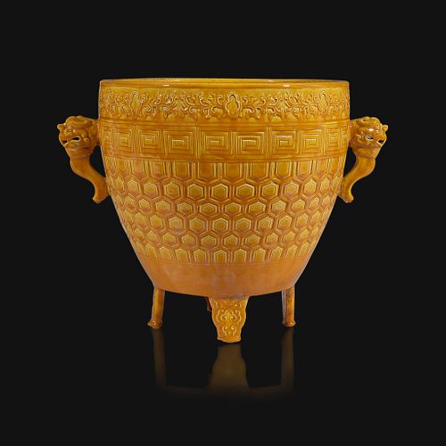 A Chinese yellow-glazed archaistic vessel, Xing Guangxu six-character mark and probably of the period