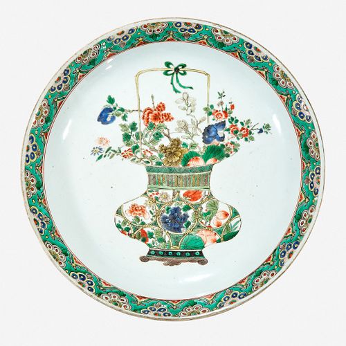 A Chinese famille verte-decorated porcelain "Flower Basket" charger Kangxi period