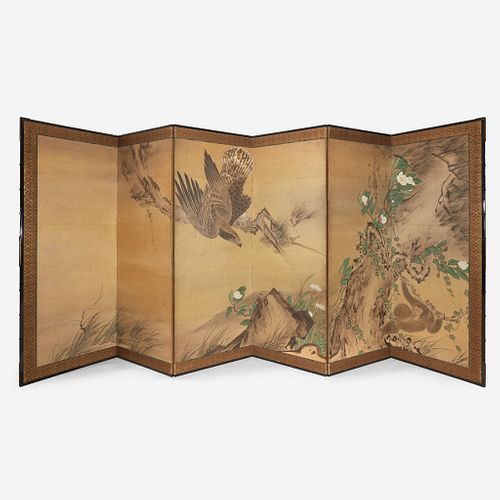 A Japanese six-panel "Eagle and Monkey" screen Edo-Meiji period
