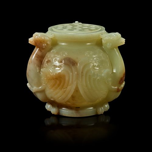 A Chinese carved greyish celadon and beige jade archaistic "Birds" vessel and cover Qing Dynasty, 18th/19th Century