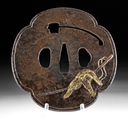 Japanese Edo Iron & Brass Tsuba w/ Horse Riding Motifs