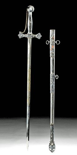 Antique US Steel & Silver Freemason Sword w/ Scabbard
