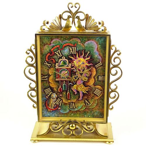 Large Vintage Imhof Hand Painted Enamel and Gilt Brass Standing Clock.