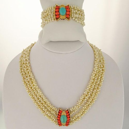 Lady's Vintage Multi Strand Baroque Pearl Necklace and Bracelet Suite