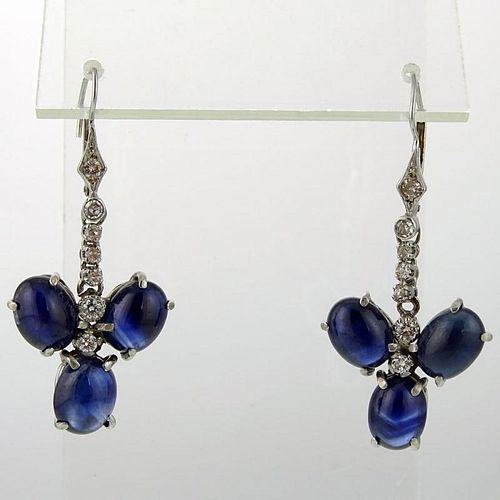 Pair of Lady's Approx. 6.0 Carat Cabochon Sapphire, Diamond and Platinum Earrings.