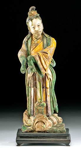 Tall Chinese Ming Dynasty Glazed Pottery Guanyin