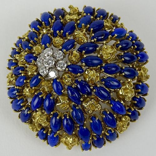 Large Vintage Diamond, Lapis and 18 Karat Yellow and White Gold Clip Brooch
