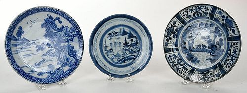 Three Asian Blue and White Porcelain Plates